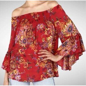 BeachLunchLounge  Red Off-Shoulder Floral Smocked Boho Top With Bell Sleeves Siz
